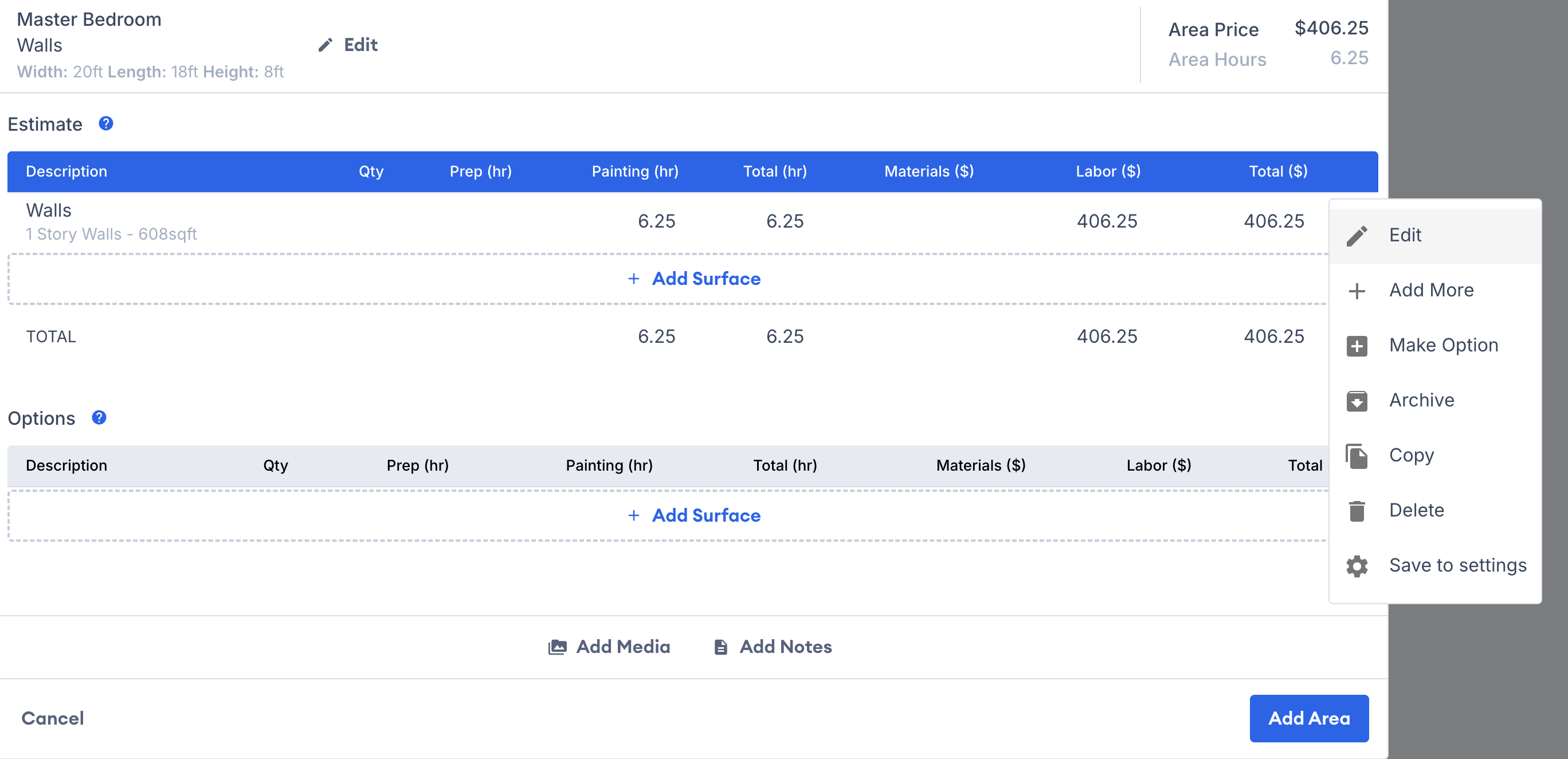 Screenshot showing the three dots menu on a surface for editing options