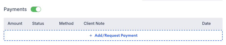 Screenshot showing the Add/Request Payment button in the Payments section of an invoice