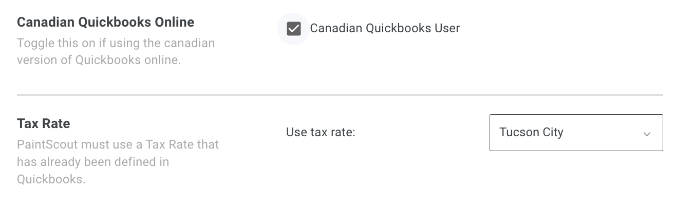 Screenshot showing the Canadian QuickBooks User toggle and tax rate selection dropdown