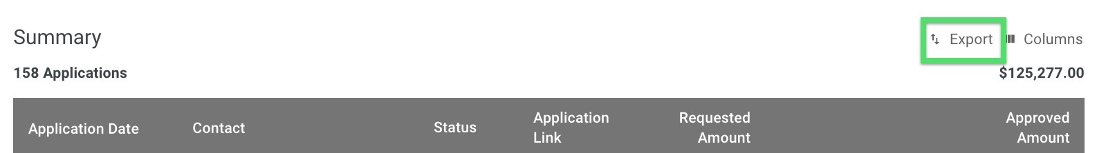 Screenshot showing the Export button in the Financing Reports summary header for downloading a CSV file