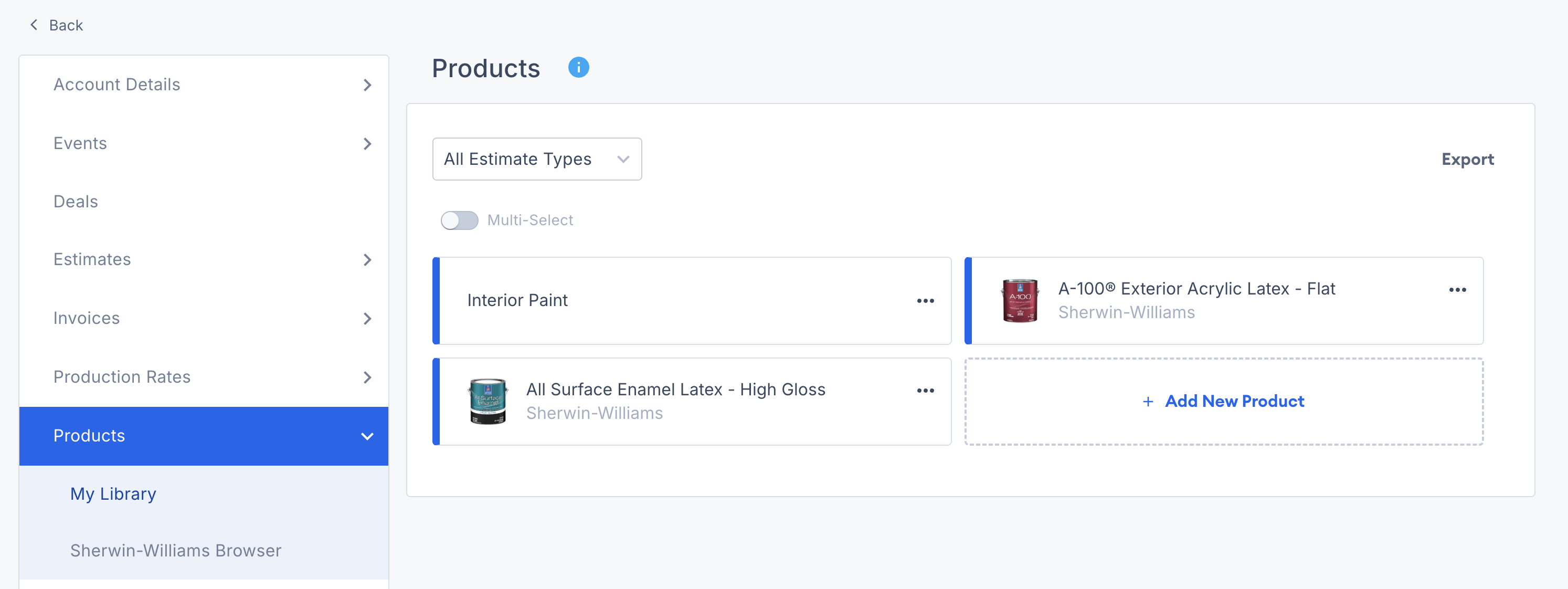 Screenshot showing Sherwin-Williams products added to your own product library