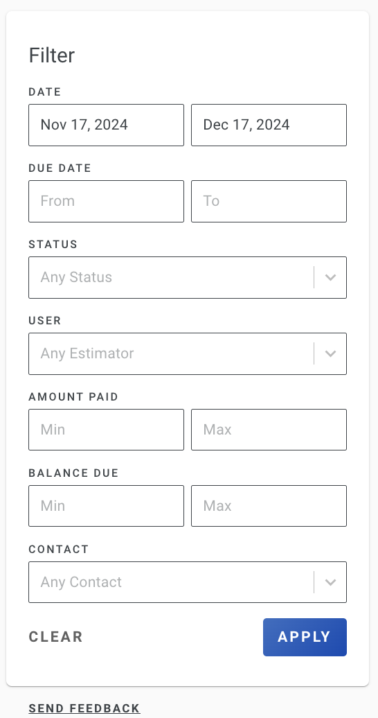 Screenshot showing the Filters section for the Outstanding Invoices report with parameter options