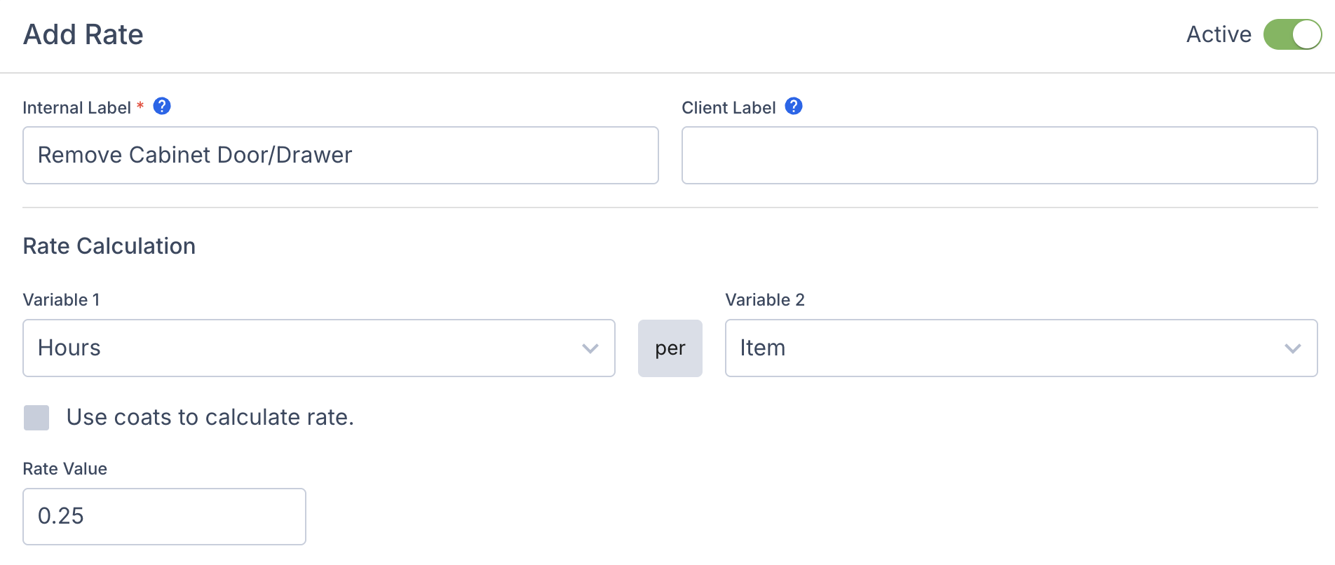 Screenshot showing the Use coats to calculate rate checkbox unchecked for rates without coats