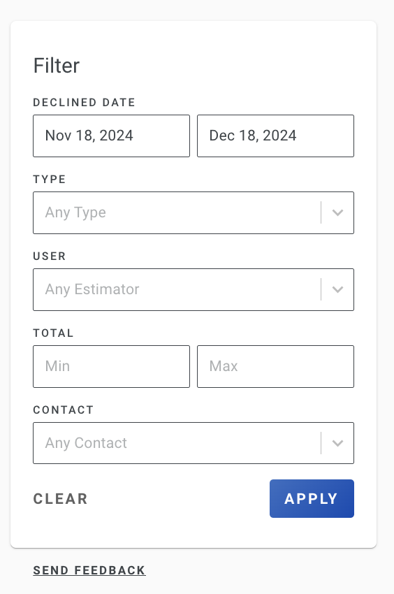 Screenshot showing the Filters section for the Declined Estimates Report with options to set reporting parameters