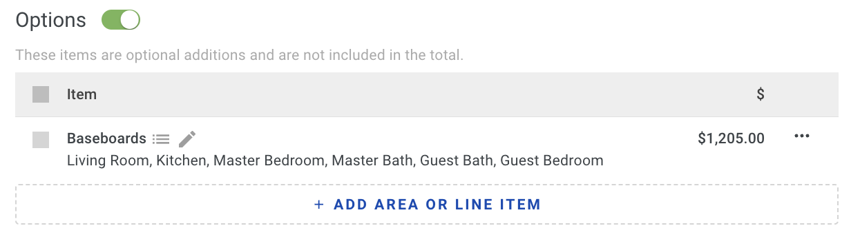 Screenshot showing the Options section underneath the estimate total