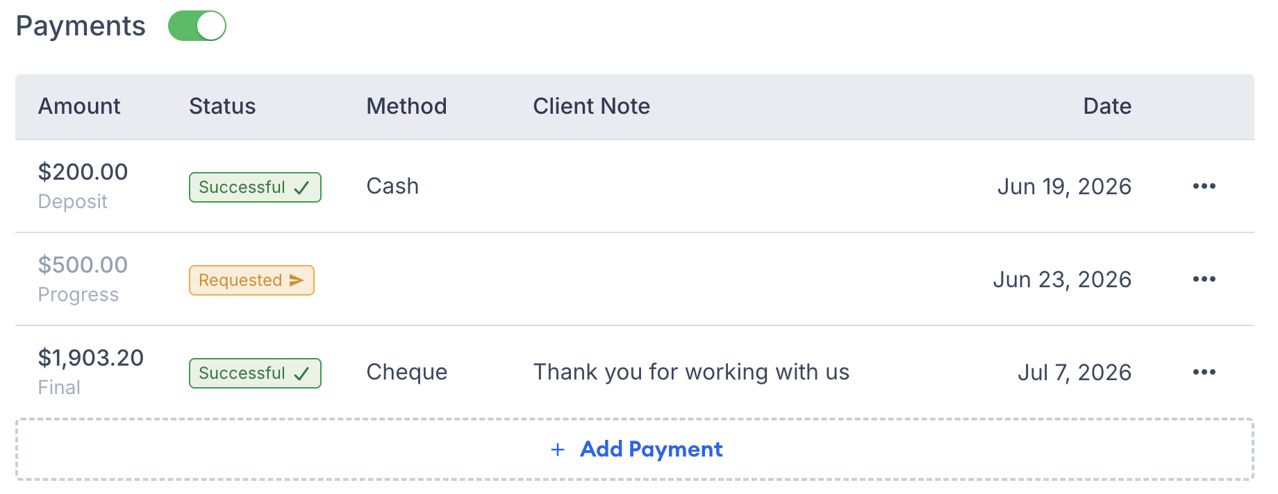 Refreshed Payments Table showing payment types and actions