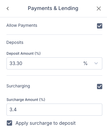 Screenshot showing the Payments and Lending section in the estimate sidebar with options to toggle payments, adjust deposits, and change surcharge