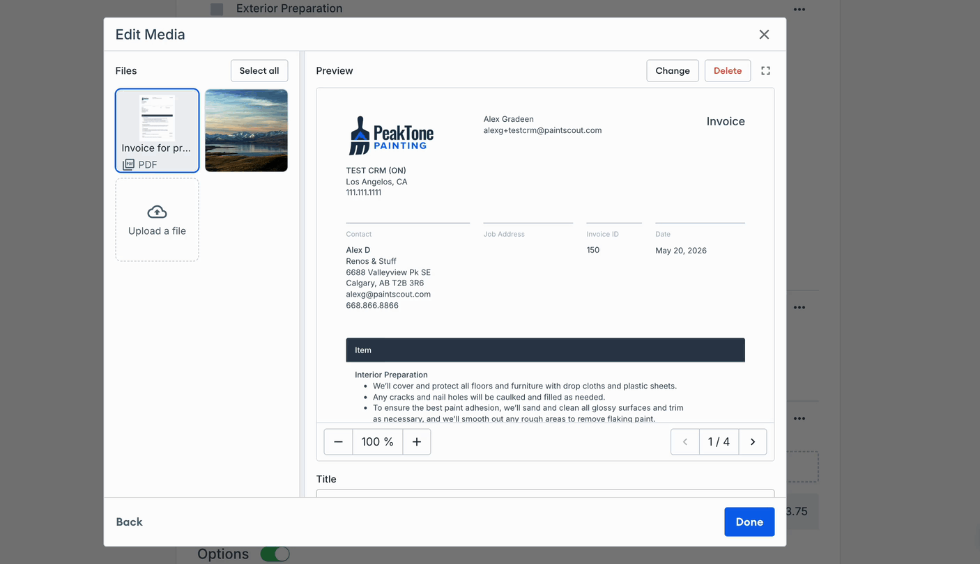 Screenshot showing uploaded media thumbnails with title, description, and visibility options