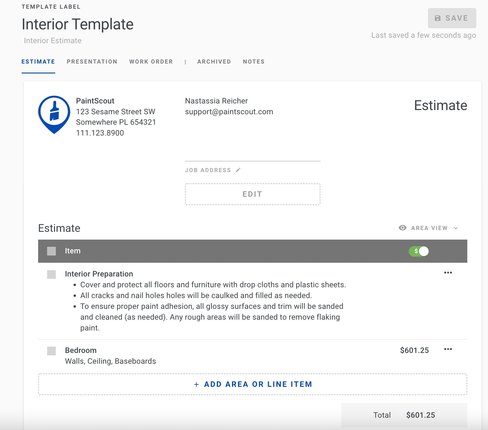 Screenshot showing a blank estimate template open for editing with the Save button