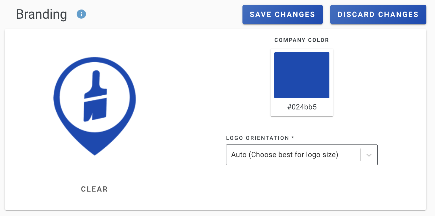 Screenshot showing the logo upload area, branding color picker, and logo orientation options including Auto, Default, and Stack