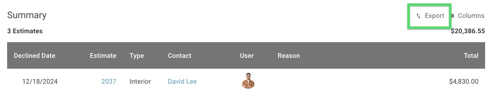 Screenshot showing the Export button in the Declined Estimates Report summary header for downloading a CSV file
