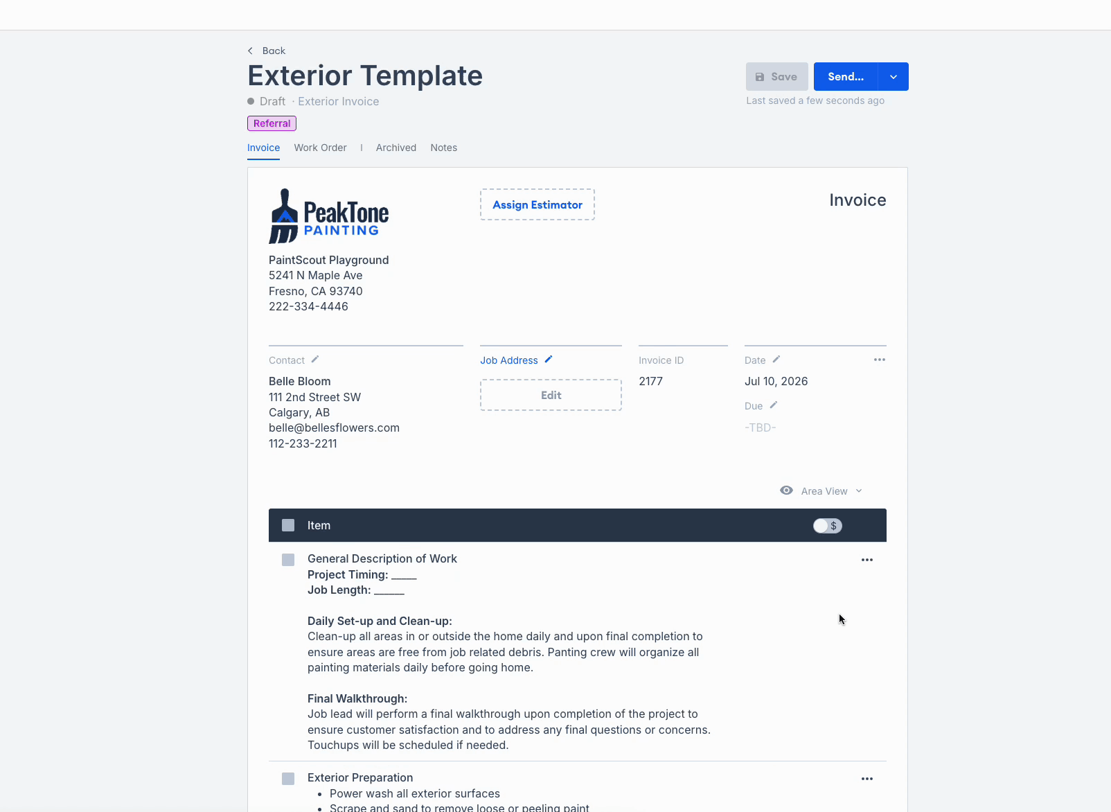 Animated screenshot showing the process of sending an invoice via email to a customer