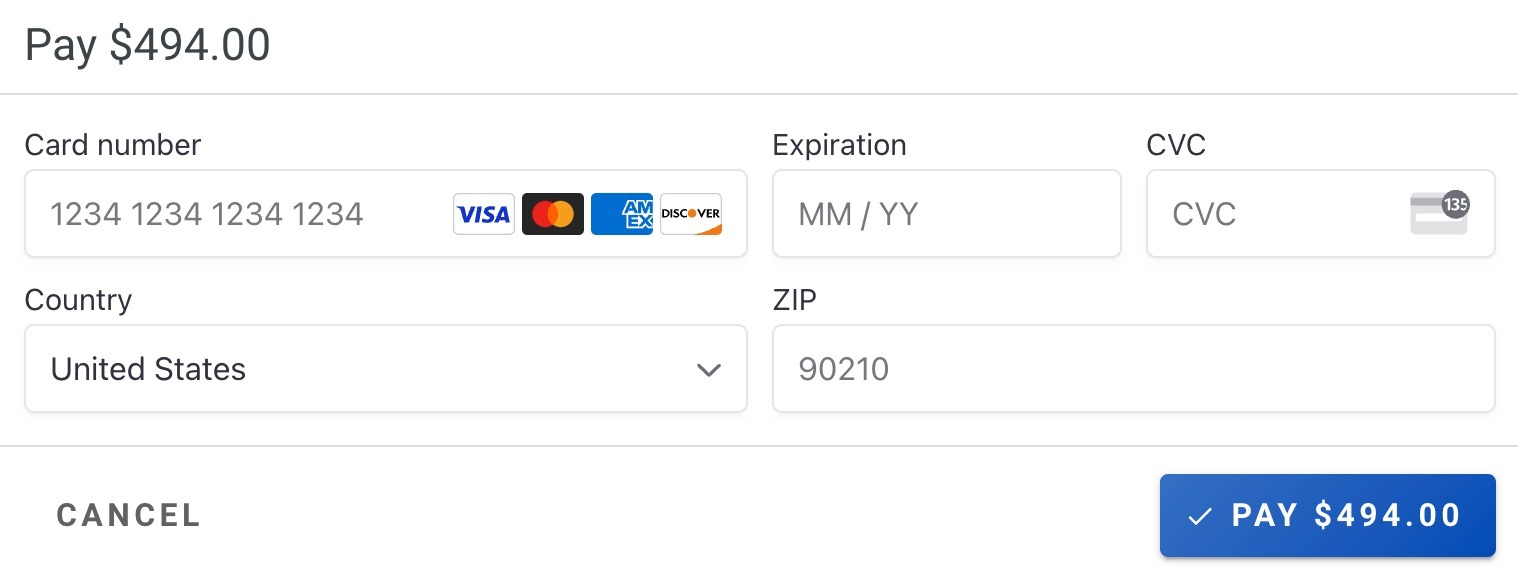 Screenshot showing the credit card payment entry form with card details fields