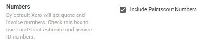 Screenshot showing the ID numbers checkbox to use PaintScout estimate and invoice numbers in Xero