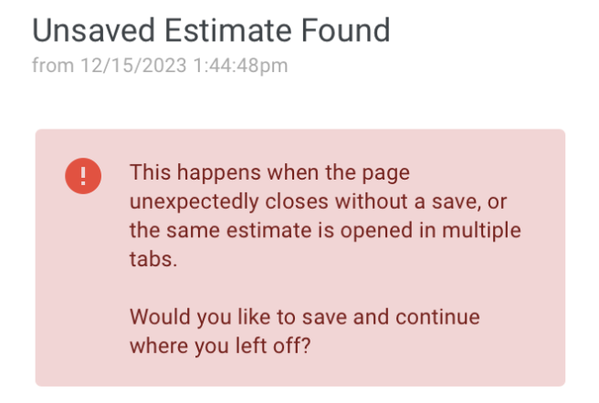 Screenshot showing the unsaved changes recovery dialog with options to save or discard changes