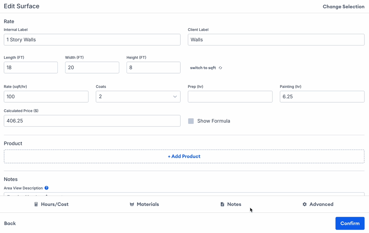Animation showing surface editing options including labels, rates, dimensions, products, and hours