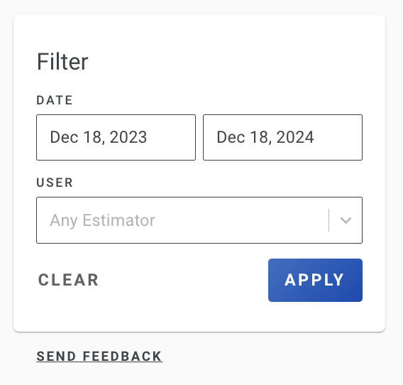 Screenshot showing the filter options for the Estimator Performance Report with date and estimator selections