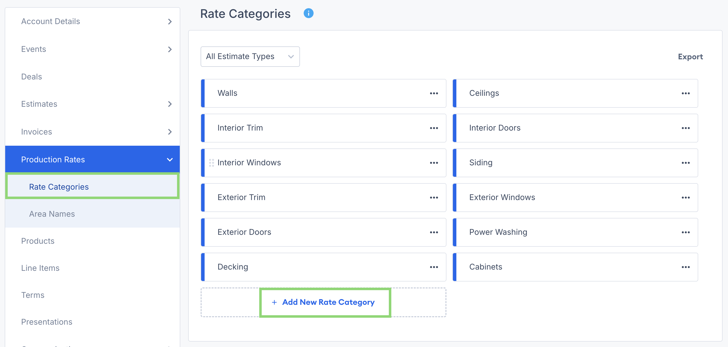 Screenshot showing the Add New Rate Category button in the Production Rates settings