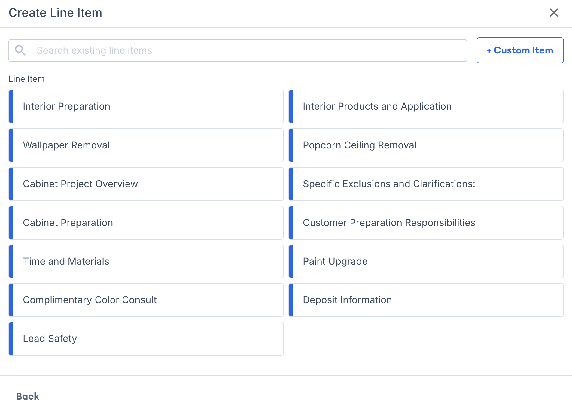 Screenshot showing the list of pre-made line items and the option to create a custom line item