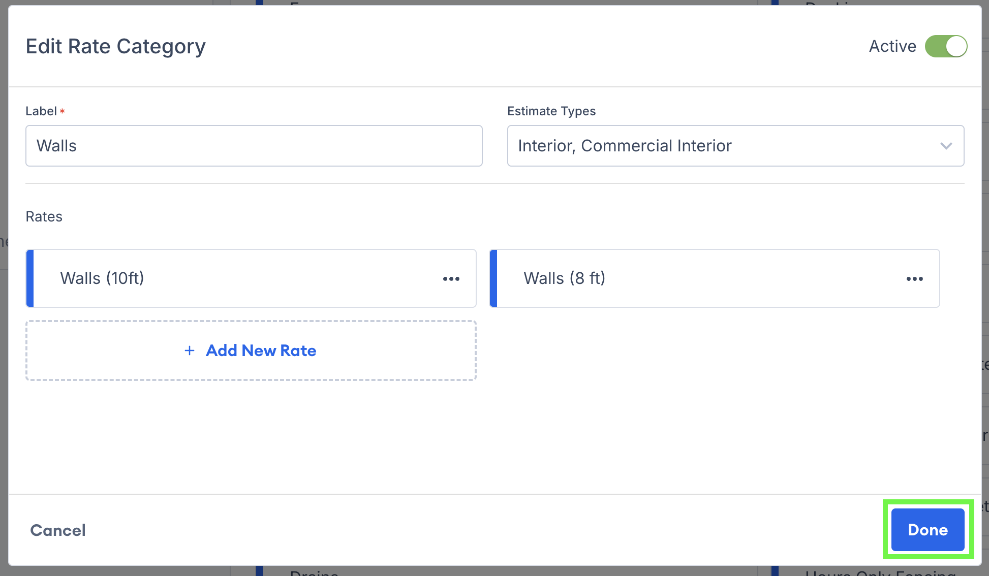 Screenshot showing the Done button and Save Changes button for saving production rate settings