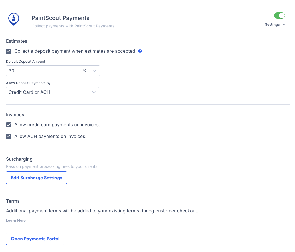 Screenshot showing the PaintScout Payments settings dropdown with deposit, invoice payment, and surcharging options