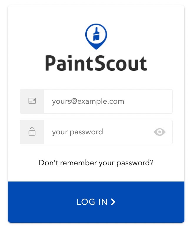 Screenshot showing the PaintScout login page with email and password fields and the Log in button
