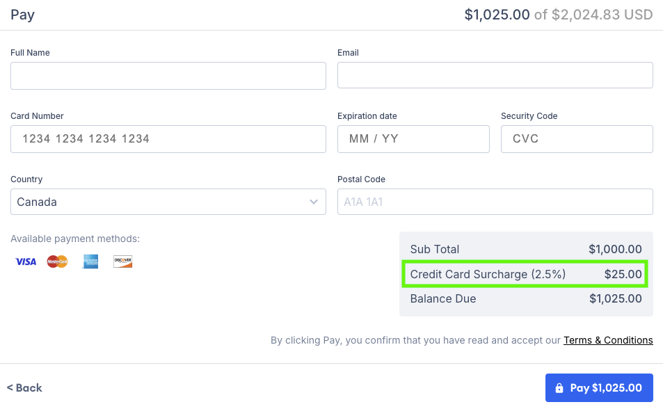 Screenshot showing the surcharge added to the invoice total during credit card payment processing
