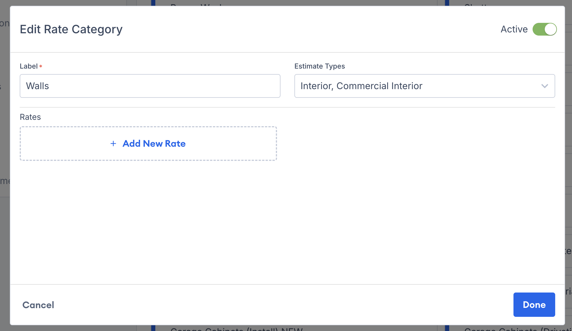 Screenshot showing the Add New Rate button within a rate category