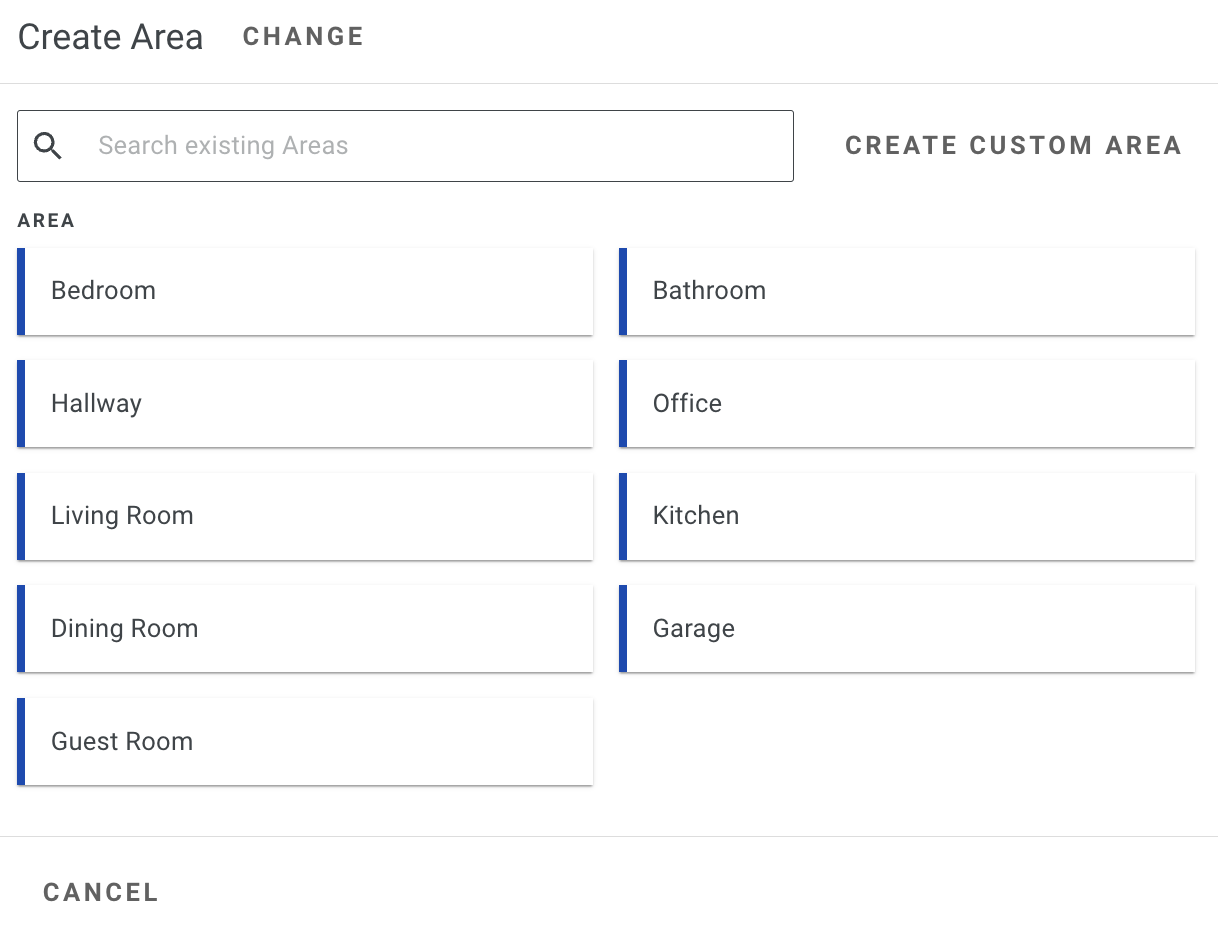 Screenshot showing the list of pre-built areas to choose from or create a custom area