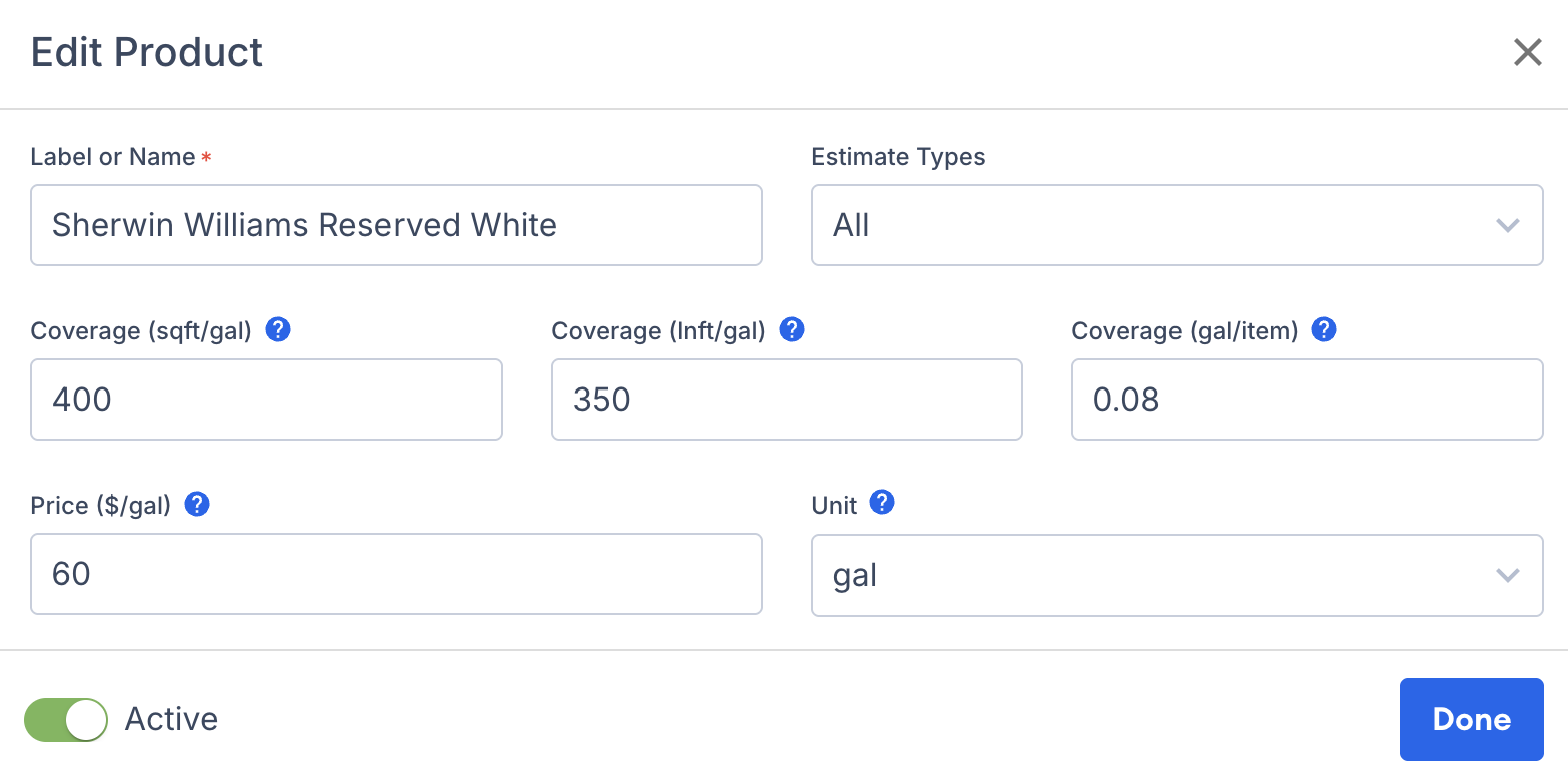 Screenshot showing the product edit dialog with surface area coverage rate and item-based coverage rate fields