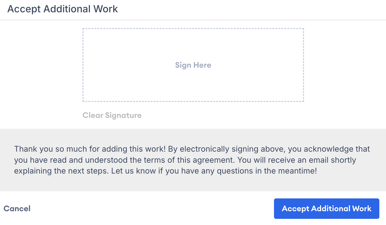 Screenshot showing the virtual signature window for accepting additional work