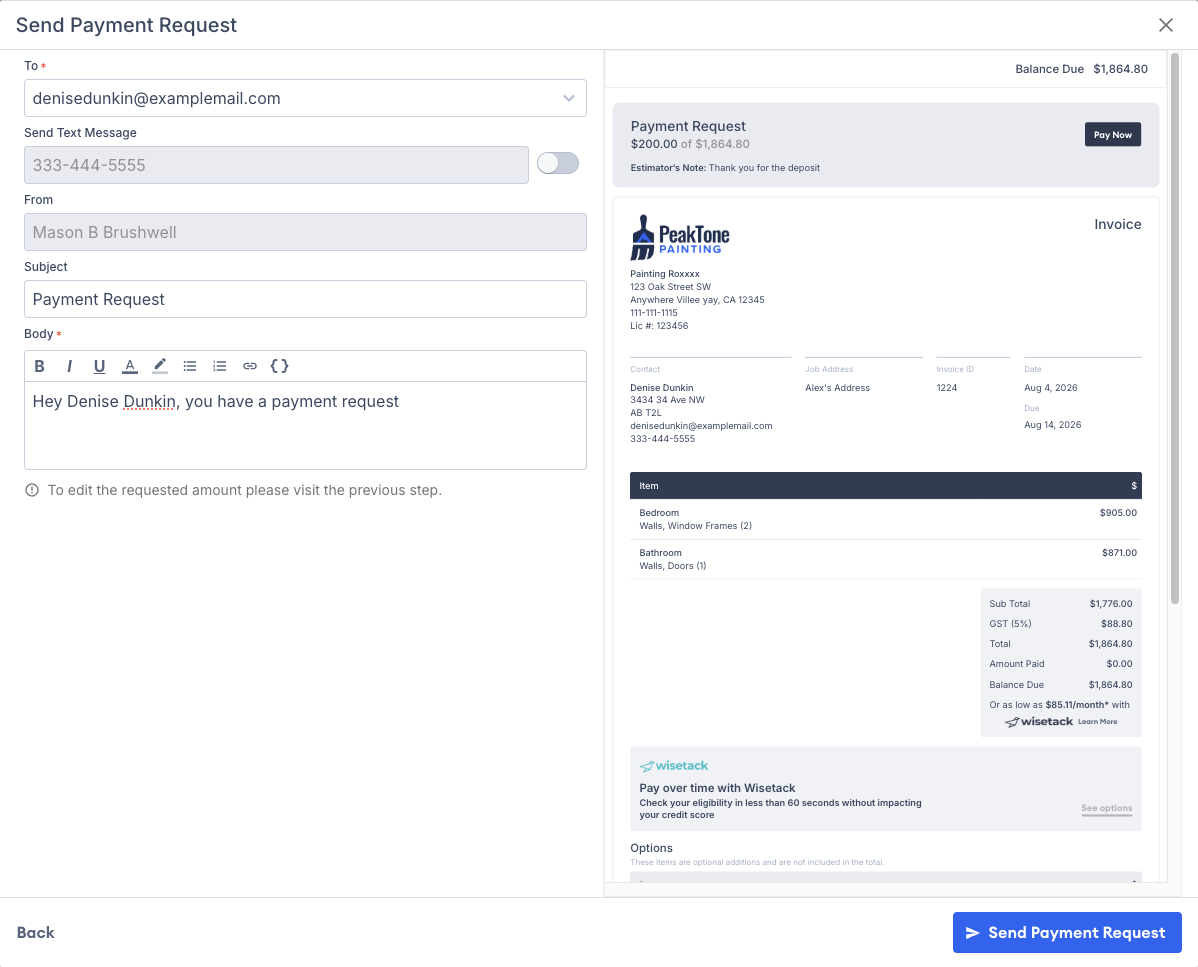 Screenshot showing the email composition screen with the Send Payment Request button