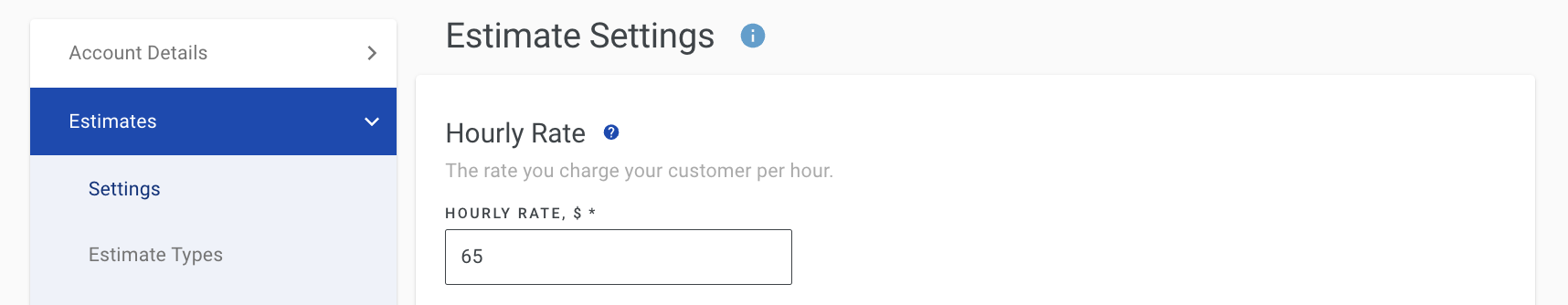 Screenshot showing the hourly rate setting in Account Settings that may not match the rate on template-based estimates