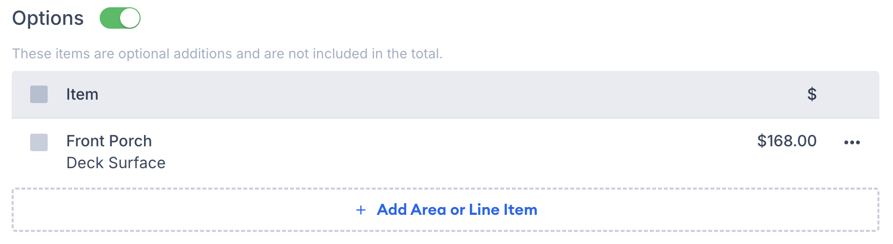 Screenshot showing creating an area or line item as an option on the estimate