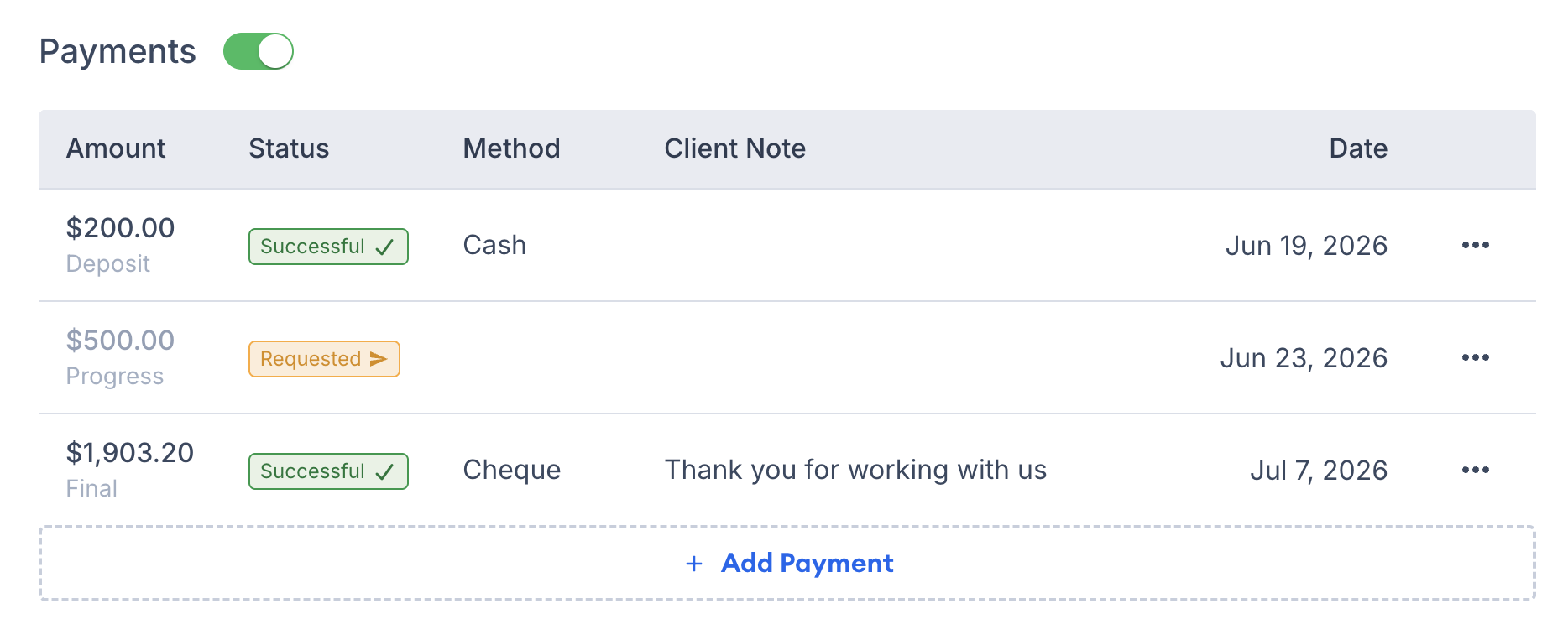 Screenshot showing the Payments Table located between the Invoice and Options sections on an invoice