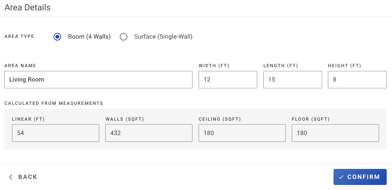 Screenshot showing the area customization form with name, dimensions, and settings