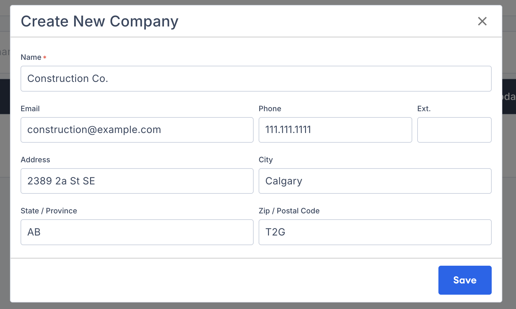 Screenshot showing the new company form with required fields to fill in