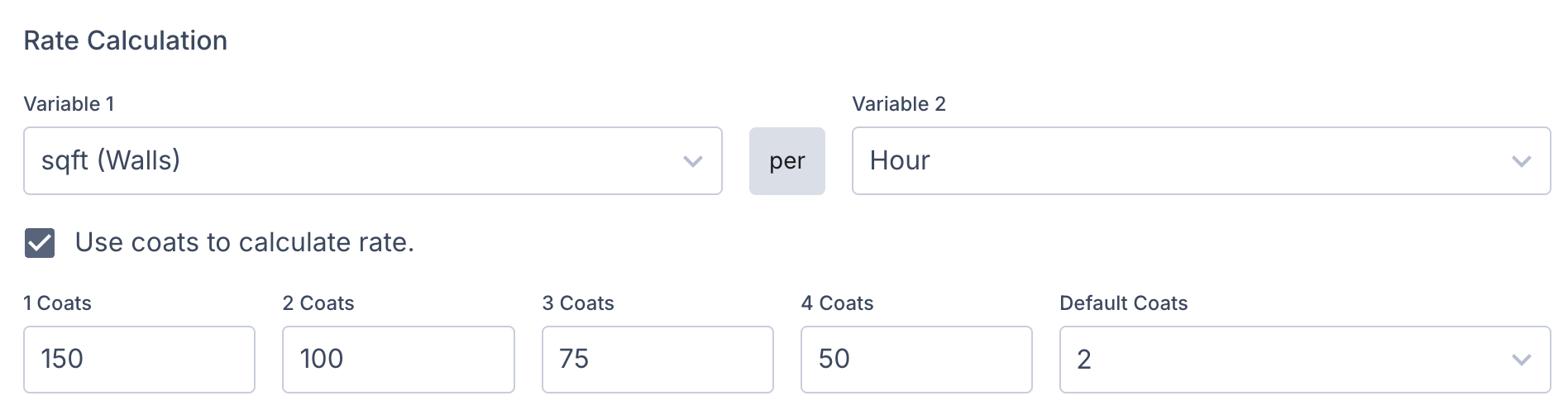 Screenshot showing the rate calculation section with variable selection and coats configuration