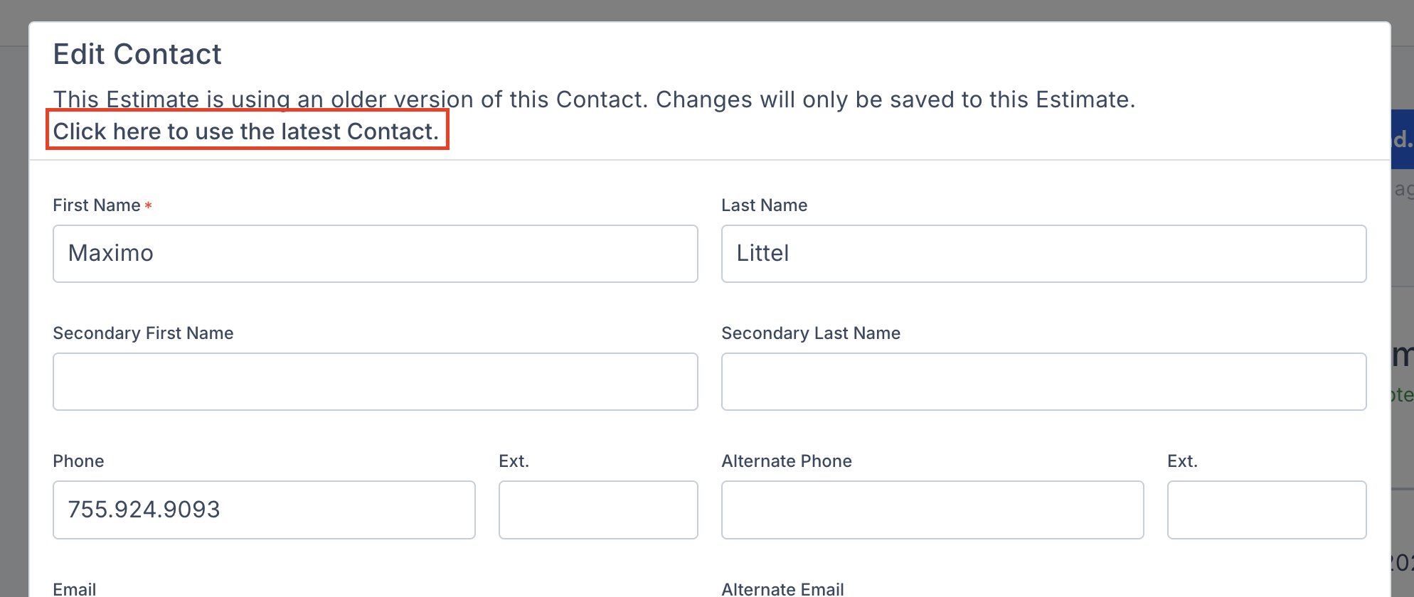 Screenshot showing the Update to the latest version option when editing a contact on an estimate or invoice