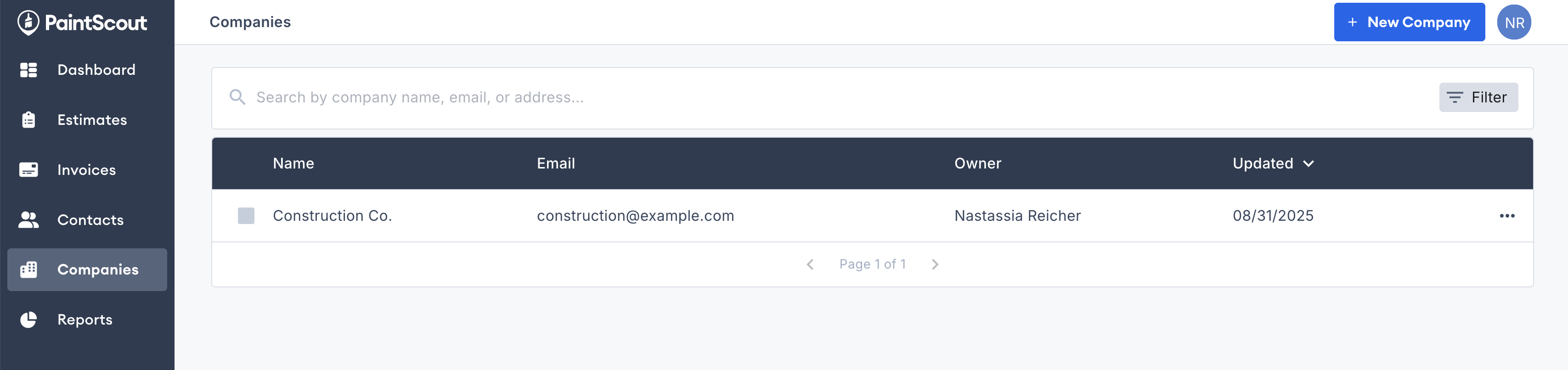 Screenshot showing the Companies section with the New Company button to create a new company record