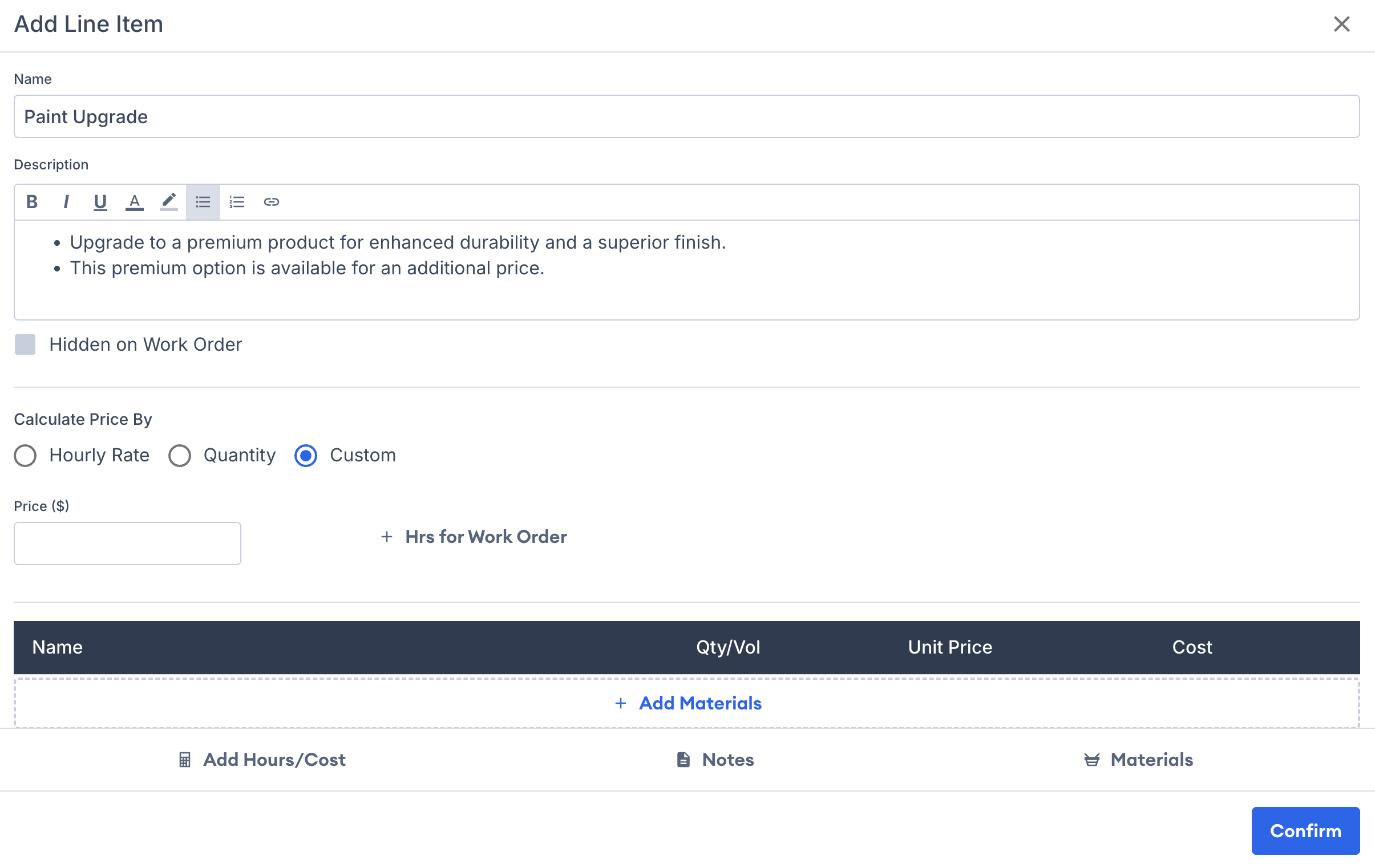 Screenshot showing the line item label and description input fields