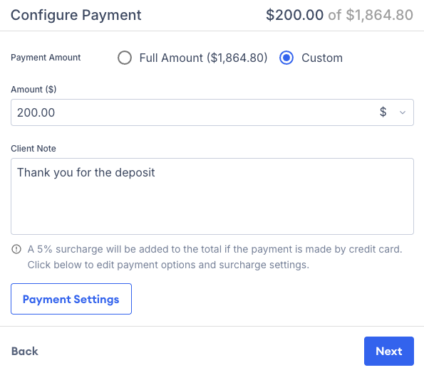 Screenshot showing the Configure Payment screen with Full Amount and Custom payment options