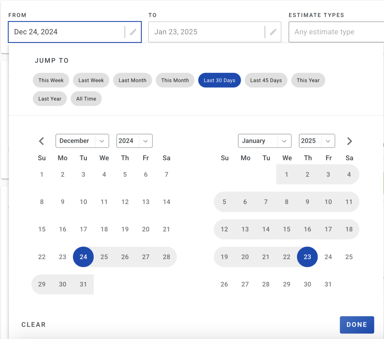 Screenshot showing the date filter dropdown menu with predefined and custom date range options