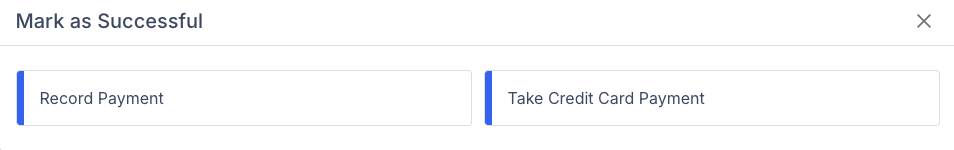 Screenshot showing the payment method options to process a credit card or record an alternative payment