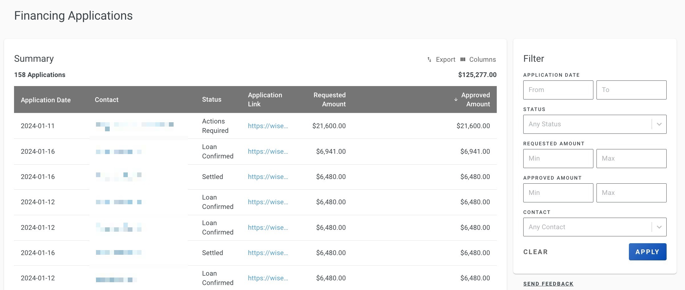Screenshot showing the Financing Reports table with columns for application date, contact name, status, link, amount requested, and approved amount