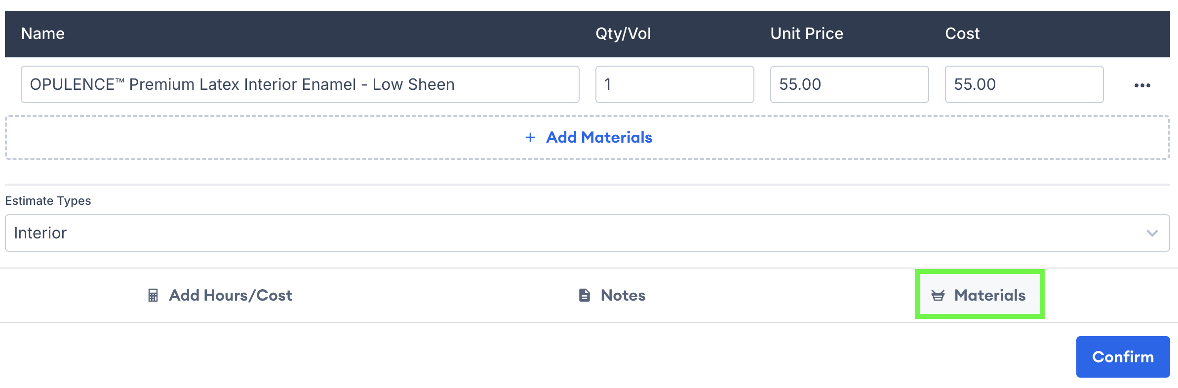 Screenshot showing the line item Materials section for adding product materials and quantities