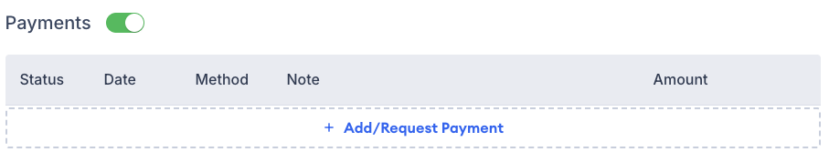 Screenshot showing the Add/Request Payment button in the Payments table on an invoice