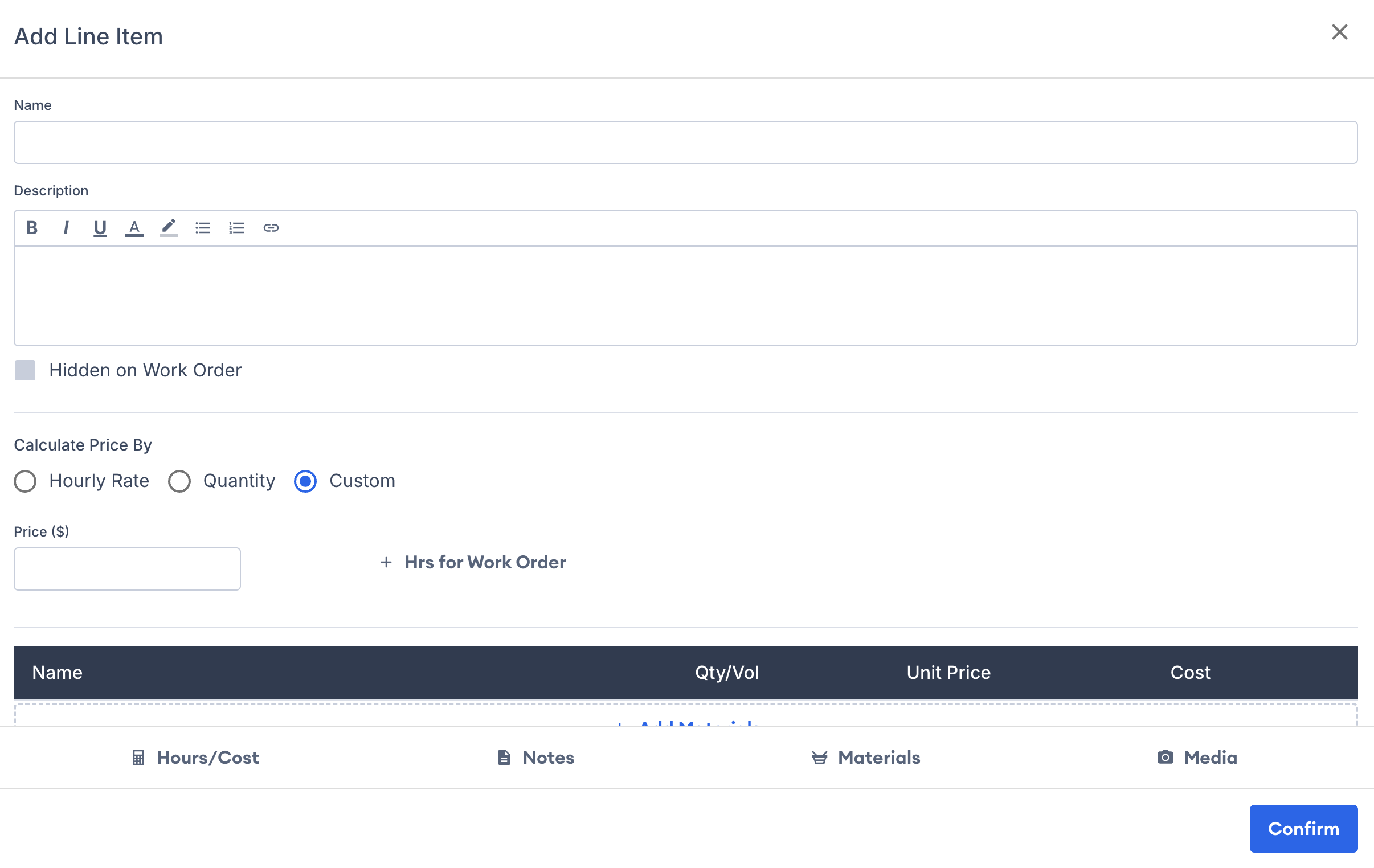 Screenshot showing the line item detail form with name, description, pricing, materials, and hours options