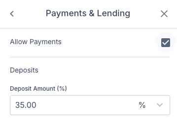 Screenshot showing the Payments and Lending section in the sidebar with the Allow Payments checkbox unchecked