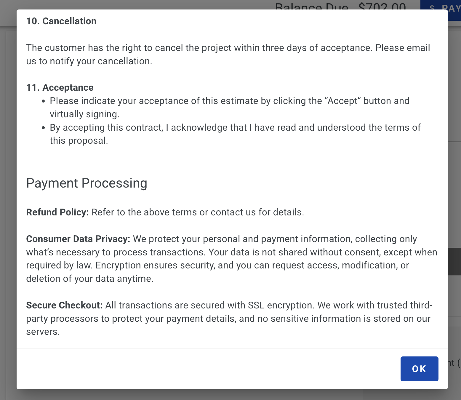 Screenshot showing the payment processing terms added during the customer checkout flow